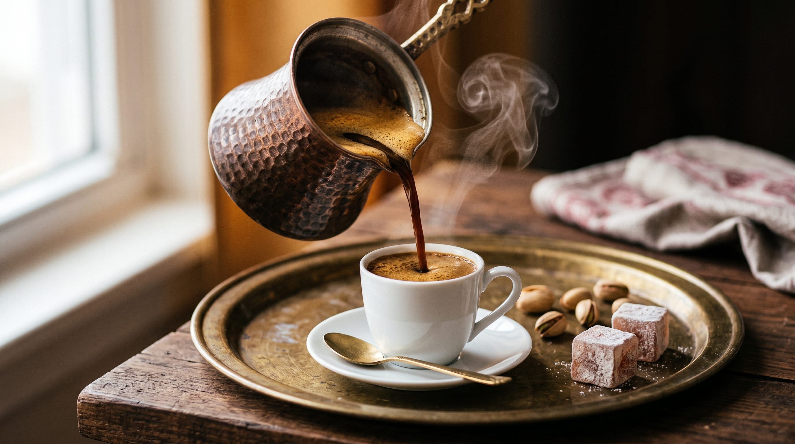 Turkish coffee poured from a copper cezve into a porcelain cup