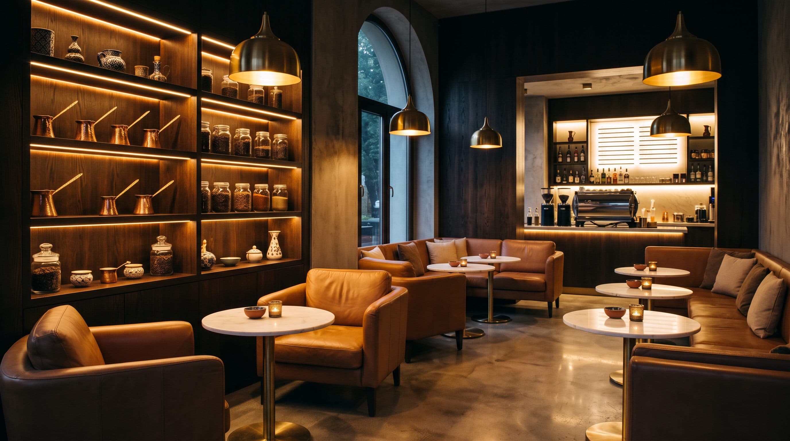 Inside The Turkish Brew lounge at dusk, warm lights over leather seating